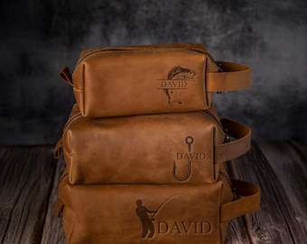 Personalized Leather Toiletry Bag, Travel Dopp Kit for Men, Custom Fishing Gift, Fathers Day Gift for Fisherman, Outdoor Hunting Gift