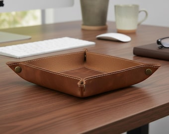 Monogrammed Leather Valet Tray, Engraved Catchall Organizer