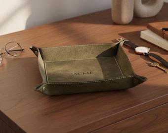 Bandeja de valet personalizada de cuero de grano completo, Catchall grabado personalizado