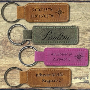 May include: Four leather keychains in shades of brown, green, and pink. One keychain has coordinates and a compass rose, another has the name "Pauline", a third has coordinates and a compass rose, and the last says "Where it All Began".