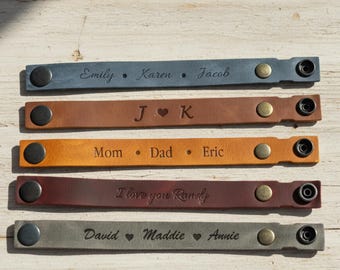 Pulseira de couro gravada, pulseira personalizada com o nome da família, presente para o pai.