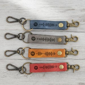 May include: Four leather keychains in blue, gray, orange, and red. Each keychain has a metal clasp, a metal ring, and a leather strap with a Spotify code and logo. The keychains are on a light wood surface.