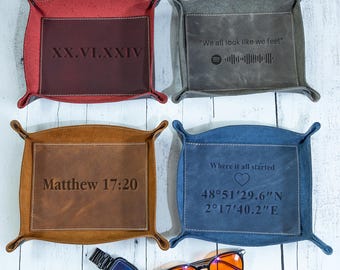 Personalized Leather Valet Tray, Engraved Catchall for Desk, Customizable Catch All