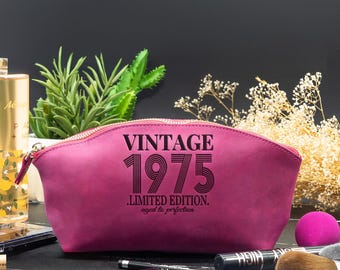 Personalized Leather Makeup Bag: Vintage 1975 70th Birthday Gift