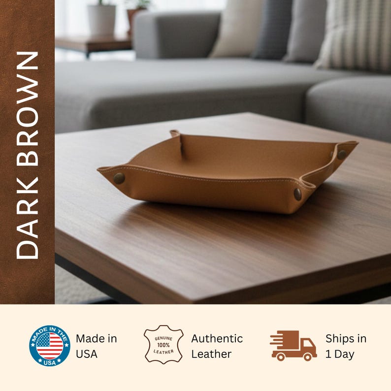 a brown leather tray placed on a wooden table, with a focus on the tray and the surrounding furniture.