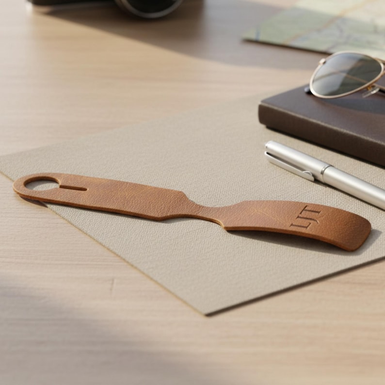 A brown leather tag with the initials 'LTM' is placed on a wooden surface, accompanied by a pen, a pair of sunglasses, and a notebook.