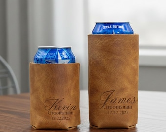 Leather Engraved Groomsmen Can Cooler, Personalized Beer Cozy