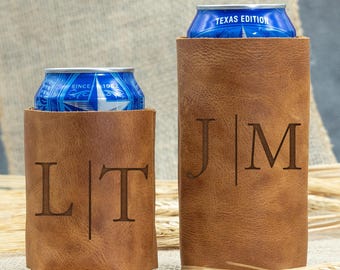 Leather Can Cooler Holder, Custom Engraved Beer Sleeve, Groomsmen Gift
