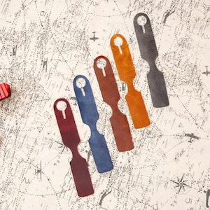 a collection of colorful leather tags or tags, each with a unique shape and color, arranged on a map background.