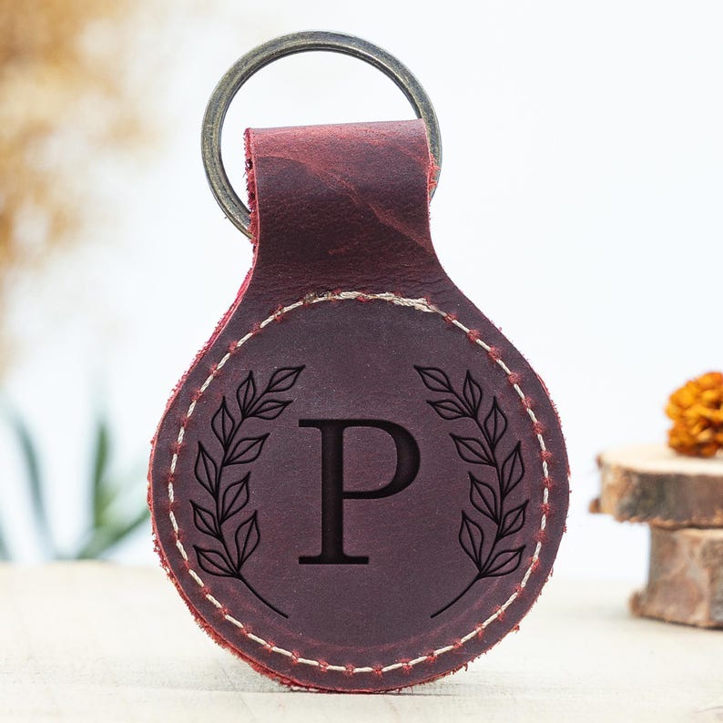 Monogram Leather Circle Keychain: Personalized Key Fob - Etsy