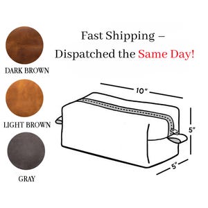 May include: A white rectangular wash bag with a zip closure, measuring 25 cm long and 13 cm high and wide. The image also shows colour swatches of dark brown, light brown, and grey.