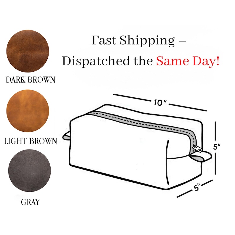 May include: A white rectangular wash bag with a zip closure, measuring 25 cm long and 13 cm high and wide. The image also shows colour swatches of dark brown, light brown, and grey.