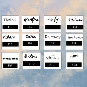 a grid of 12 squares, each containing a name and a location. The names are "Trajan", "Pacifico", "emily", "Victoria", "Kalam", "Sophie", "Raleway", "New Roman", "montserrat", "Madison", "Allura", and "BEBAS". The locations are "F1", "F2", "F3", "F4", "F5", "F6", "F7", "F8", "F9", "F10", and "F11".