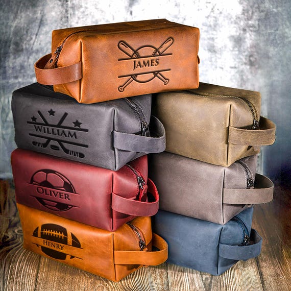 Personalized Baseball Leather Dopp Kit - Laser Engraved Toiletry Bag