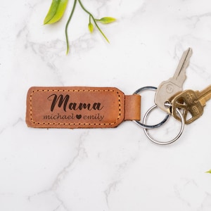 Personalized Engraved Leather Keychain, Custom Initials Names, Brown Leather Dad Gift