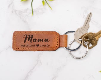 Engraved Leather Keychain Personalized, Leather Initials Keychain, Leather Keychain Gift for Dad, Custom Brown Leather Names Keychain