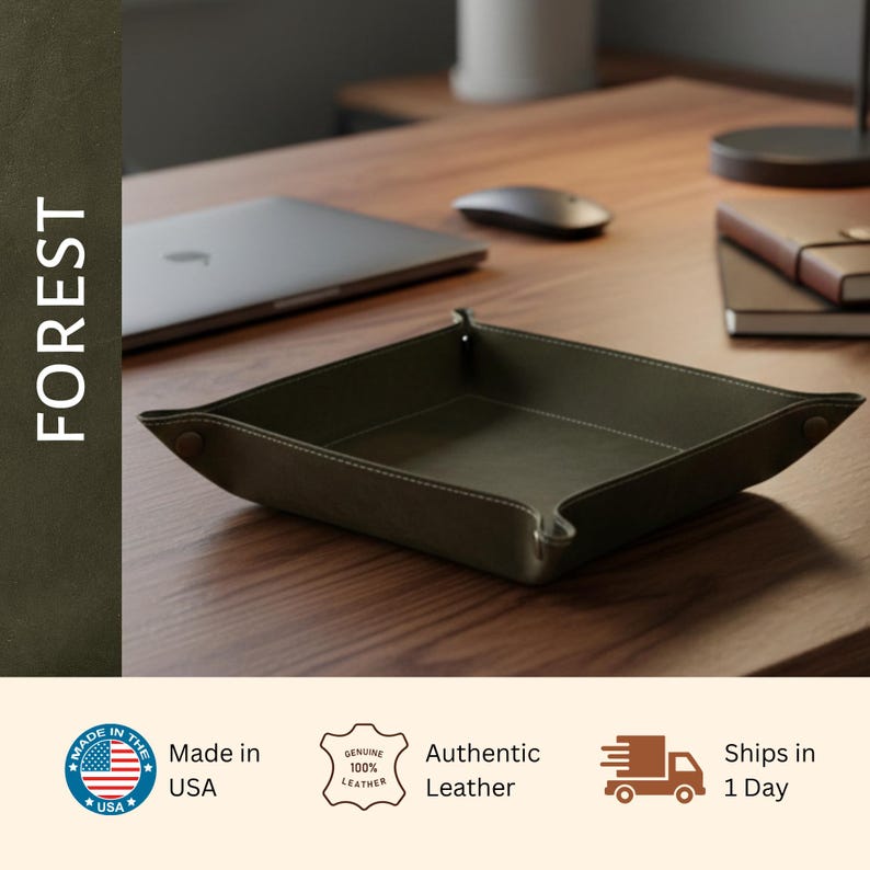a wooden desk with a laptop, mouse, and a leather tray. The text on the image includes "FOREST", "Made in USA", "Genuine Leather", "Authentic Leather", and "Shipped in 1 Day".
