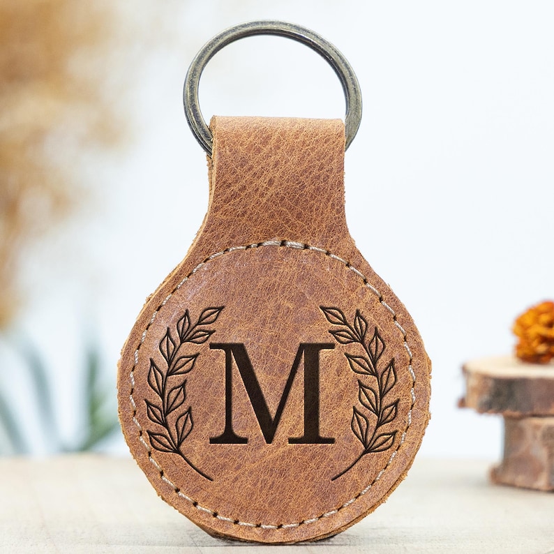 Monogram Leather Circle Keychain: Personalized Key Fob - Etsy