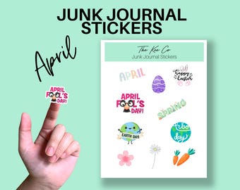 April Sticker Sheet for Junk Journaling Printable Cricut Print and Cut File Easter, Spring, Aesthetic DIY Journal Sticker