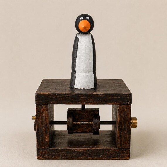 A hand-cranked wooden automaton penguin carved from reclaimed wood — whimsical mechanical sculpture that proves one person's hands made something genuinely one-of-a-kind.