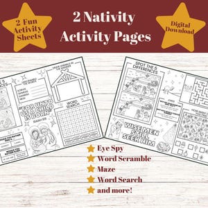 May include: Two Nativity activity pages with the text "2 Fun Activity Sheets" and "Digital Download". The pages include "Eye Spy", "Word Scramble", "Maze", and "Word Search" activities, with illustrations of the Nativity scene.