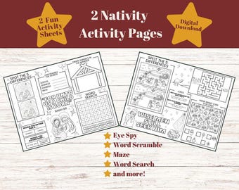 Christmas Nativity Activity and Coloring Pages For Church or Home, 2 Bible Based Printable Puzzle Pages, Digital Download, Wise Men & Manger