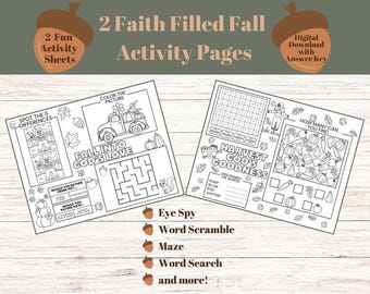Fall Themed Activity Pages For Kids, 2 Faith Based Printable Puzzle Sheets, Digital Download, Word Search, Maze, Seek and Find and more