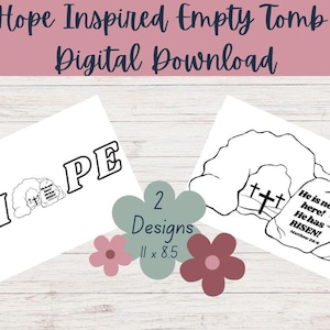 Páginas para colorir HOPE e Túmulo vazio | 2 designs digitais diferentes | Artesanato Ele ressuscitou | Versículo bíblico de Páscoa para imprimir | Domingo da Ressurreição |