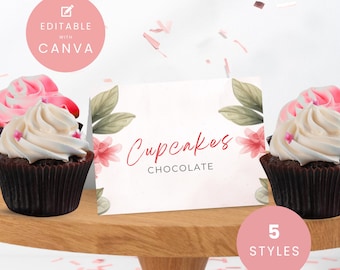 Tarjetas de comida de cumpleaños con temática de bayas - Etiquetas editables de fresa rosa para fiesta - Letreros de buffet imprimibles - Editables con Canva - Varios diseños