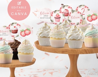 Berry Sweet Cupcake Toppers - Strawberry Party Decor - Girl 2nd Birthday Cake Toppers - Editable Canva Printable Cupcake Signs - Pink Party