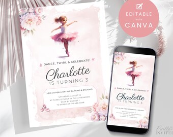 May include: A pink and white birthday invitation featuring a watercolor illustration of a young ballerina in a pink tutu. The invitation includes the text "Dance, Twirl & Celebrate! Charlotte is Turning 3."