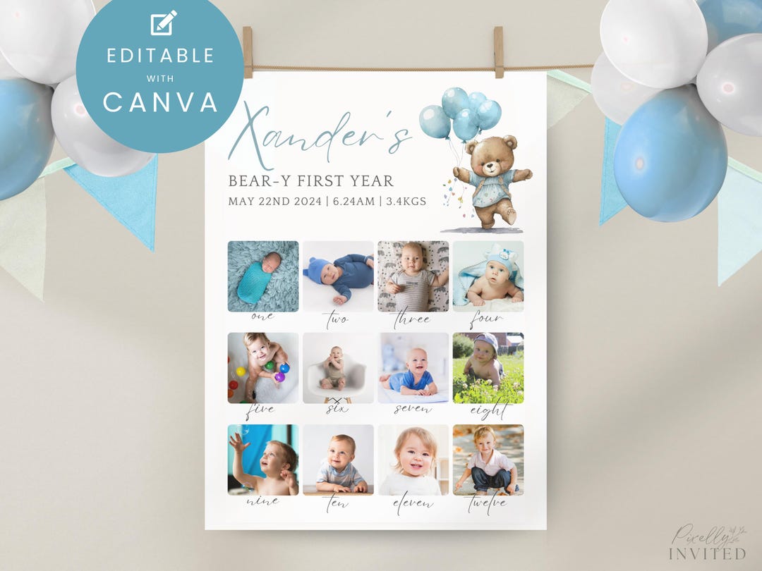 Beary First Birthday Photo Milestone Board • Teddy Bear Poster Template ...