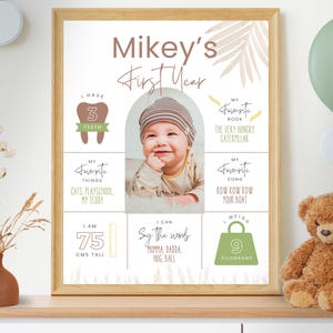 Tabellone per il primo compleanno in stile Boho, ricordo per il primo compleanno, poster per il primo compleanno con foto, modello per poster del primo compleanno