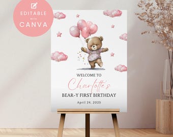 Roze beer verjaardag welkomstbord meisje - bewerkbare canvassjabloon - Beary 1e verjaardagsfeestje decoratie - bord babyshower - twee maten