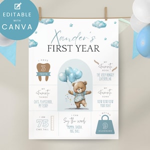 Tabellone per il primo compleanno di Beary, cartello per il compleanno di un orsacchiotto blu e beige, modello modificabile Canva, poster per il primo compleanno, download immediato