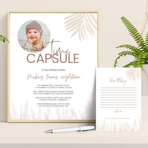 Cápsula do tempo para o primeiro aniversário boho, lembrança para o primeiro aniversário, mensagens para convidados, placa com foto para o primeiro aniversário, modelo de pôster para o primeiro aniversário boho