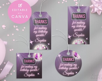 Op de afbeelding: Paarse verjaardagsfeestje-bedanklabels met de tekst "BEDANKT voor het laten sprankelen van mijn verjaardag! Sophia". De labels hebben een discobal-afbeelding en zijn verkrijgbaar in vier vormen.