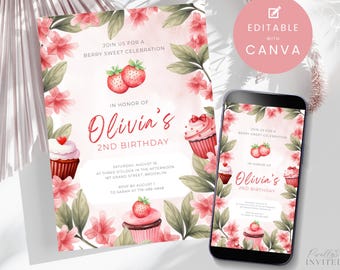 Invitación de cumpleaños para niña con temática de fresas, plantilla editable para fiesta temática de fresas, flores de cupcakes, descarga instantánea, dos dulces