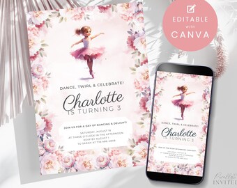 May include: A birthday invitation featuring a watercolor illustration of a ballerina in a pink tutu, surrounded by pink floral accents. The invitation reads "Dance, Twirl & Celebrate! Charlotte is Turning 3."