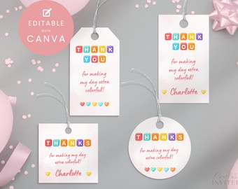 Étiquettes de remerciement pour bracelet de l'amitié - modèle de toile modifiable - 4 tailles - étiquette de cadeau à imprimer - thème arc-en-ciel - organisateur de soirées bonus