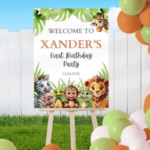 Placa de boas-vindas Wild One, 1º aniversário, modelo editável Canva, download instantâneo, placa Safari, animais da selva, primeira festa de menino, pôster de convidado