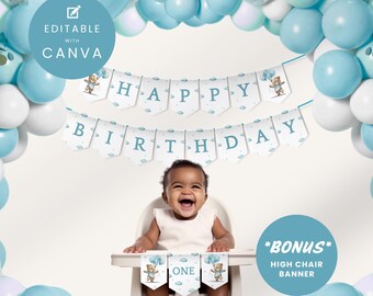 Beary First Birthday Bunting Banner Birthday Garland Bear Flag Template BONUS High Chair Garland Printable Clouds Blue Bear INSTANT DOWNLOAD