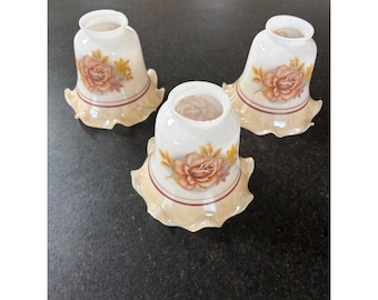 vintage ruffled milk glass lamp shades brown floral pattern set of 3