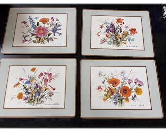 Juego de 4 manteles individuales vintage Pimpernel Wildflowers con base de corcho. Fabricados en Inglaterra.