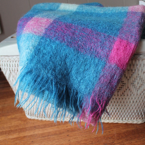 Australian vintage Mohair Blanket Turquoise blue and Magenta plaid striking colours fringe Mawahara brand