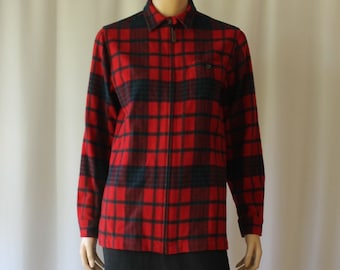 Ralph Lauren Shacket Soft Red Plaid Lambswool Jacket coat shirt with Zipper, Small collar and Pocket Front