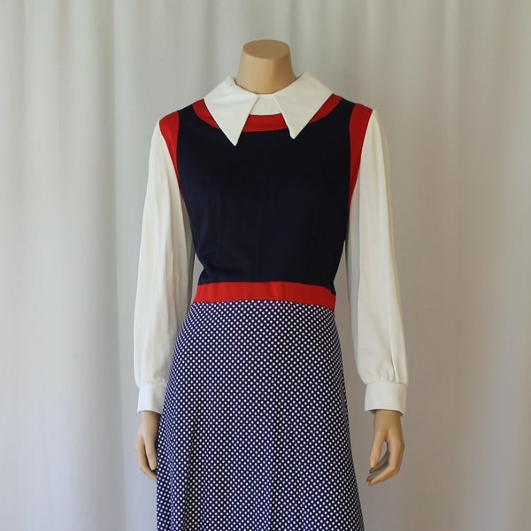 60s Mod Knit Victorian School Teacher Pinafore Apron Schoolgirl Red White and Blue Maxi Dress White Shirt Dagger Collar Fitted Large