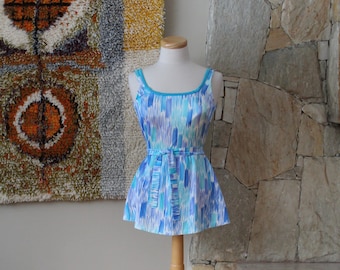 70s Vintage Swim Bathing Suit Blue Turquoise Violet Skirted molded bra sz 16