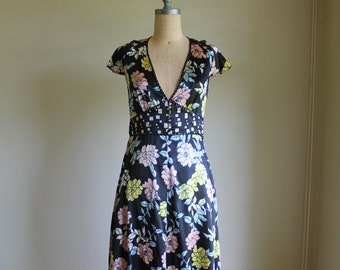 30s style silk art deco floral black Midi Plunging Neckline Black Stylized Empire