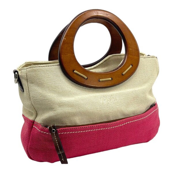 cute chic canvas top handle bag with wooden handles deep pink and cream